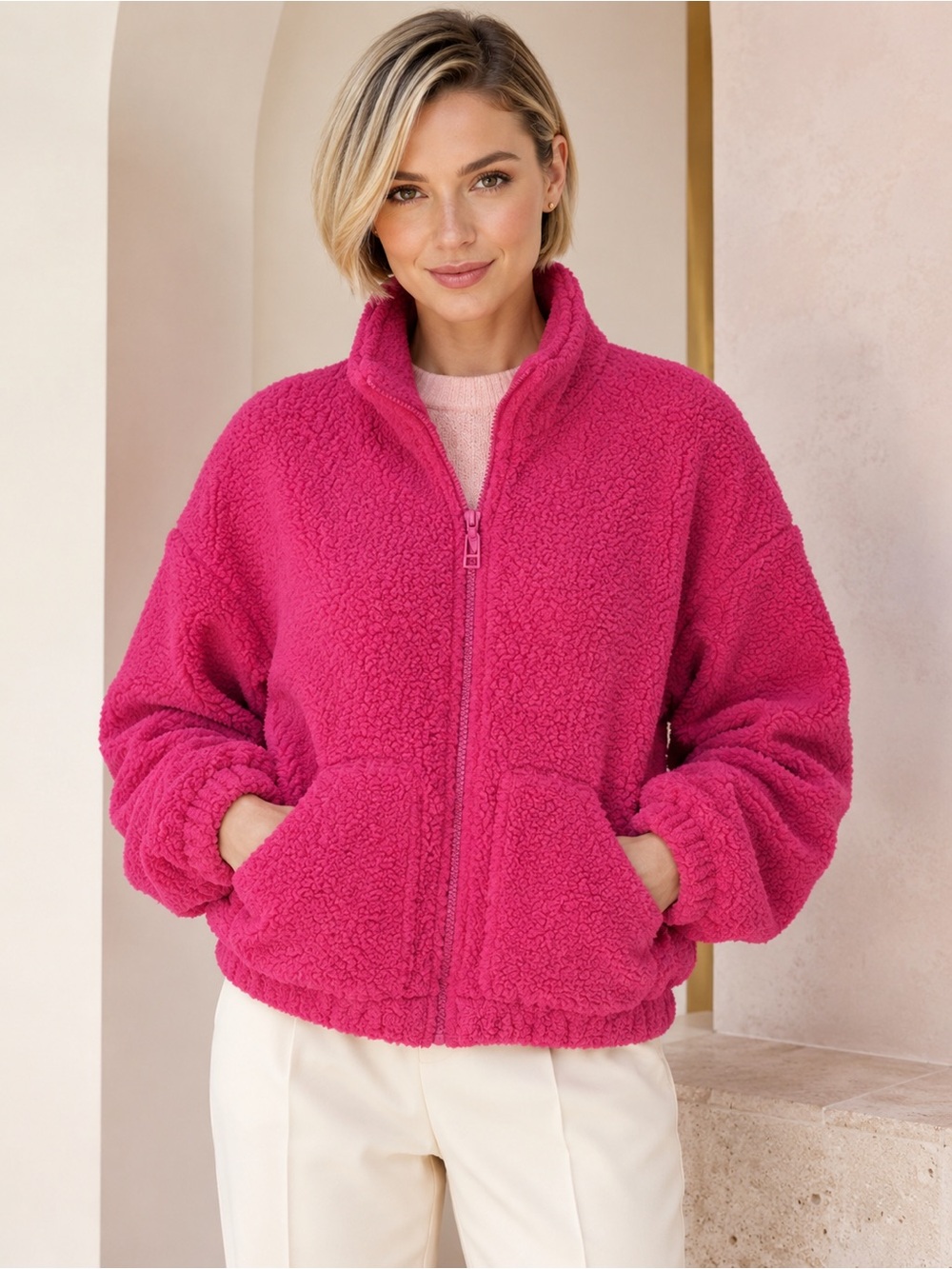 Old Navy Oversized Teddy Sherpa Full- Zip Jacket in Hot Pink (NWOT)